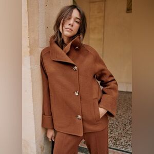 NWOT Sezane Mathias in Caramel Rich Brown Wool Coat with funnel/mock neck SZ 36